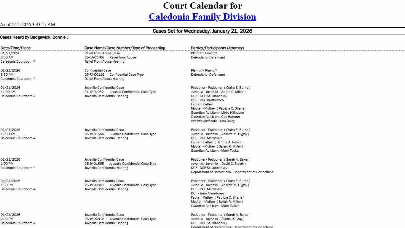 Caledonia Family Division Calendar